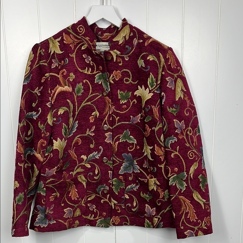 Appleseeds Womens Jacket Wine Red 10M Floral Pattern Button Up Pockets Classy
